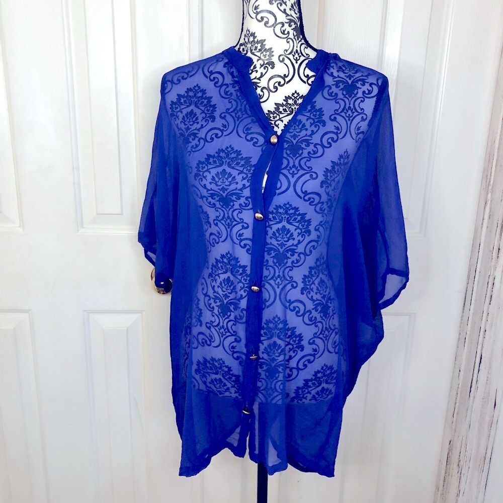 Betsy Moss royal blue silk sheer button front loose flowy blouse